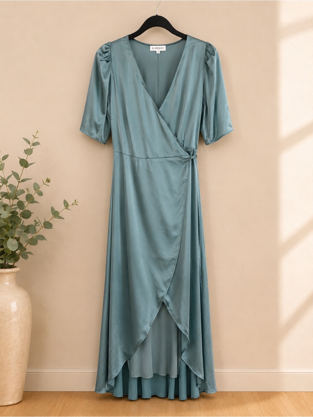 Satin Wrap High-Low Dress in Teal with Puff Sleeves
